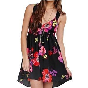 ROXY Love Seeker Black & Pink Floral Sweetheart Mini High-Low Cutout Dress